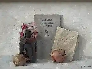 AcheterJan Boom - verstild stilleven met bloemen in vaas, uien en boek van Guido Gezelle.? Enchérissez de 250!