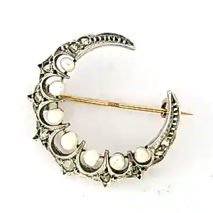 18k goud met zilver maan broche met parels en roos diamanten tot. 0.05ct kopen? Bied vanaf 520!