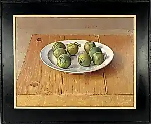 Buy Piet Sebens - olieverf op paneel - stilleven: groene pruimen op schaal - 1988? Bid from 995!