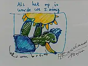 Buy Herman Brood - + majoor Bosshardt : Ingelijste stifttekening: 'Als het op is worde we zuinig'? Bid from 1500!