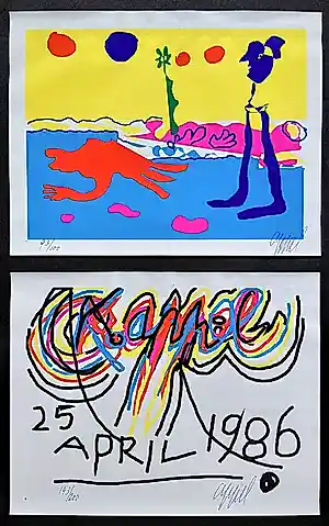 Karel Appel - Twee handgesigneerde composities in originele map vendu pour 205€ !