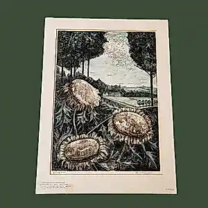 Buy Herman Bernard Dieperink Jzn - erg mooie in 1935 gemaakte kleuren litho "Zonnebloemen in landschap"? Bid from 45!