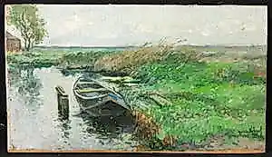 Andries Verleur - Olieverf op doek (verlijmd op paneel), Landschap met aangemeerd bootje kaufen? Bieten Sie von 30!