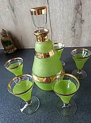 Buy Glasfabriek De Rupel Boom - Groen-Gouden Likeurkaraf met 5 Glaasjes – Paul Heller, Booms Glas? Bid from 50!