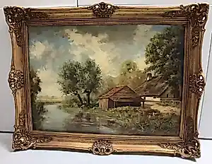 Peter Motz - Hollands landschap met boerderij en water met gouden lijst kaufen? Bieten Sie von 85!
