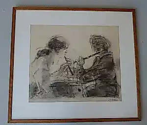 Buy Joop Sjollema - twee fluitspelende vrouwen? Bid from 175!