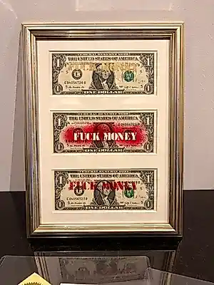 AcheterDeath NYC - DEATH NYC – Fuck Money – 2013 – Mixed media op drie dollarbiljetten – In...? Enchérissez de 275!
