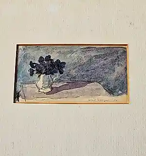 Mart Kempers - Charmant in 1984 geschilderd aquarel "stilleven paars blauwe bloemen" in lijst verkauft für € 52!