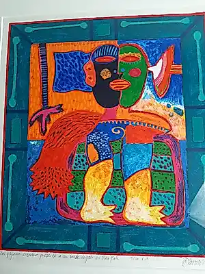 Clemens Briels - Zeefdruk, titel, "Un pajaro extrano preside a un baile de gala en New York". verkauft für € 100!