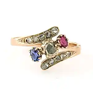 14k gouden slagring met robijn, saffier en roos geslepen diamant tot. 0.20ct kopen? Bied vanaf 330!