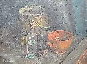 Kees Laan - Stilleven met flessen, koperen ketel en aardewerk, verkocht voor € 55!