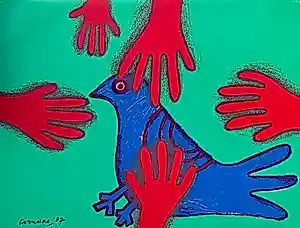 AcheterCorneille - Litho op placemat: Les mains rouges - 1987? Enchérissez de 20!