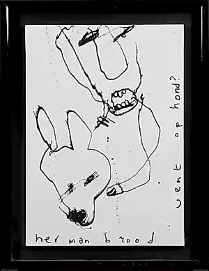 Buy Herman Brood - ingelijste inkttekening op doek: 'Vent op hond' (gemaakt met heroïnespuit)? Bid from 1500!