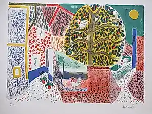 Buy Jo Lodeizen - Zomerse binnentuin met kippen - Kleurenlitho? Bid from 60!