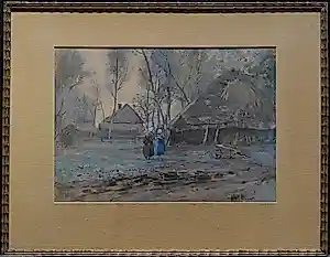 Frans Oerder - **Prijs Verlaagd** – Brabants boerenerf met twee figuren | Sfeervol aquarel verkauft für € 229!