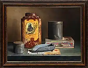 Buy Piet Gutter - Ingelijste olieverf op canvas: Compositie met blikken - 1988? Bid from 1995!