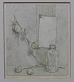 Buy Wout van Vliet - Stilleven met tak van lampionplant - Gesigneerd - 2 kleurenets? Bid from 20!