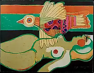AcheterCorneille - Ingelijste kleurenlitho: Vrouw met vogel - 1981? Enchérissez de 375!