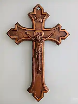 AcheterJMPC Belgium - Neogotisch bronzen kruisbeeld – J.M.P.C. – België, ca. 1930–1950? Enchérissez de 20!