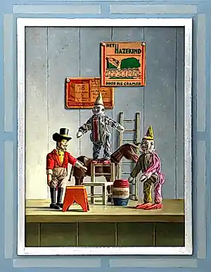 Piet Gutter - Ingelijste olieverf op board: Compositie van 3 poppen en een ezel kopen? Bied vanaf 1750!