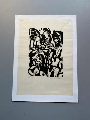 Buy Aad de Haas - Vrouw, man & vogel – postume houtsnede – 75/150? Bid from 30!