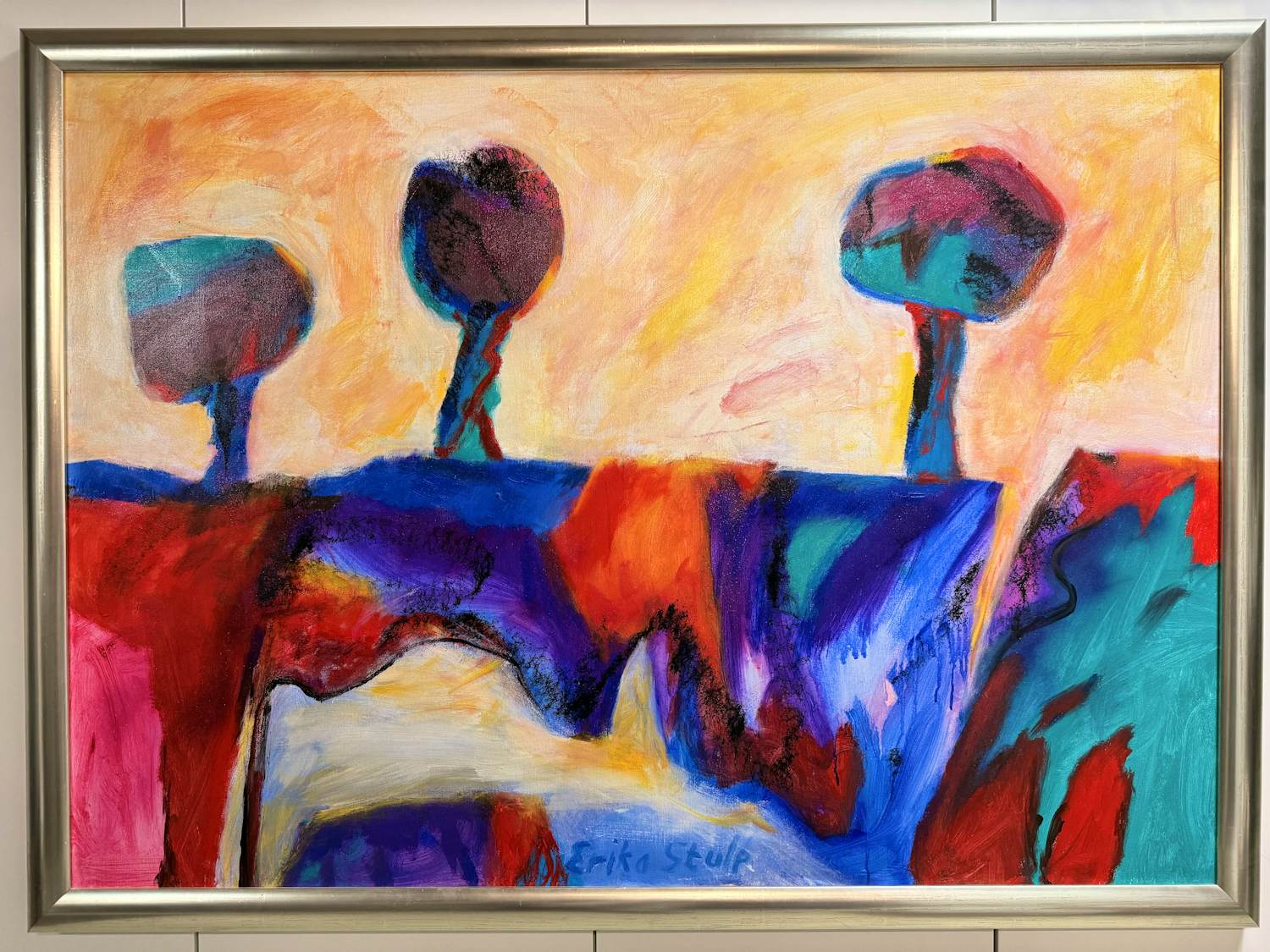 Erica Stulp - Expressionistisch prachtig en kleurrijk landschaps schilderij kopen? Bied vanaf 300!