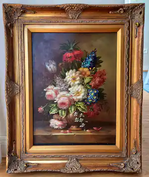 Jan van der Akker - Decoratief bloemstilleven, staand, olieverf op paneel, in fraaie lijst vendu pour 85€ !