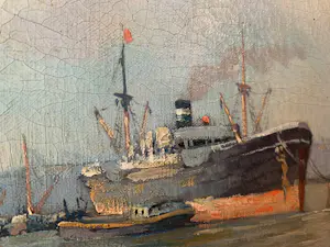 Jan Schipper - Rotterdams havengezicht met stoomschepen - Mooi Oud Olieverfschilderij kopen? Bied vanaf 110!