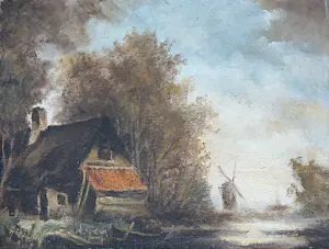 Anton Muller - waterkant met bouwwerk, bootjes en molen kopen? Bied vanaf 35!