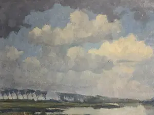 Onbekend - Landschap met bomenrij. Waterkant. kopen? Bied vanaf 100!