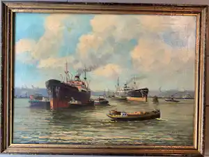 Jan Schipper - Rotterdams havengezicht met stoomschepen - Mooi Oud Olieverfschilderij verkauft für € 85!