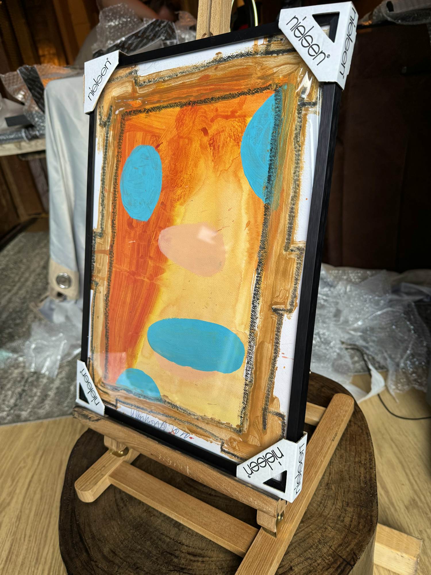 Peter Klashorst - Orange-Blue Abstract with Golden Frame verkocht voor € 60!