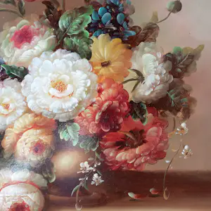 Jan van der Akker - Decoratief bloemstilleven, liggend, olieverf op hout – in fraaie lijst kopen? Bied vanaf 150!