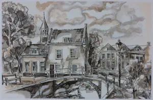 Onbekend - Inkttekening, Stadsgezicht - Ingelijst kopen? Bied vanaf 20!