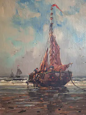 Onbekend - Bomschuit op het strand, toegeschreven aan K. van Waning (1861-1929) kopen? Bied vanaf 75!