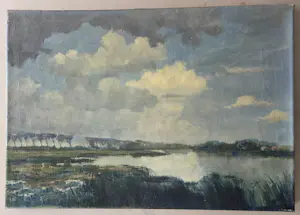 Onbekend - Landschap met bomenrij. Waterkant. kopen? Bied vanaf 100!