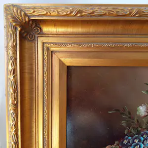 Jan van der Akker - Decoratief bloemstilleven, liggend, olieverf op hout – in fraaie lijst kopen? Bied vanaf 150!