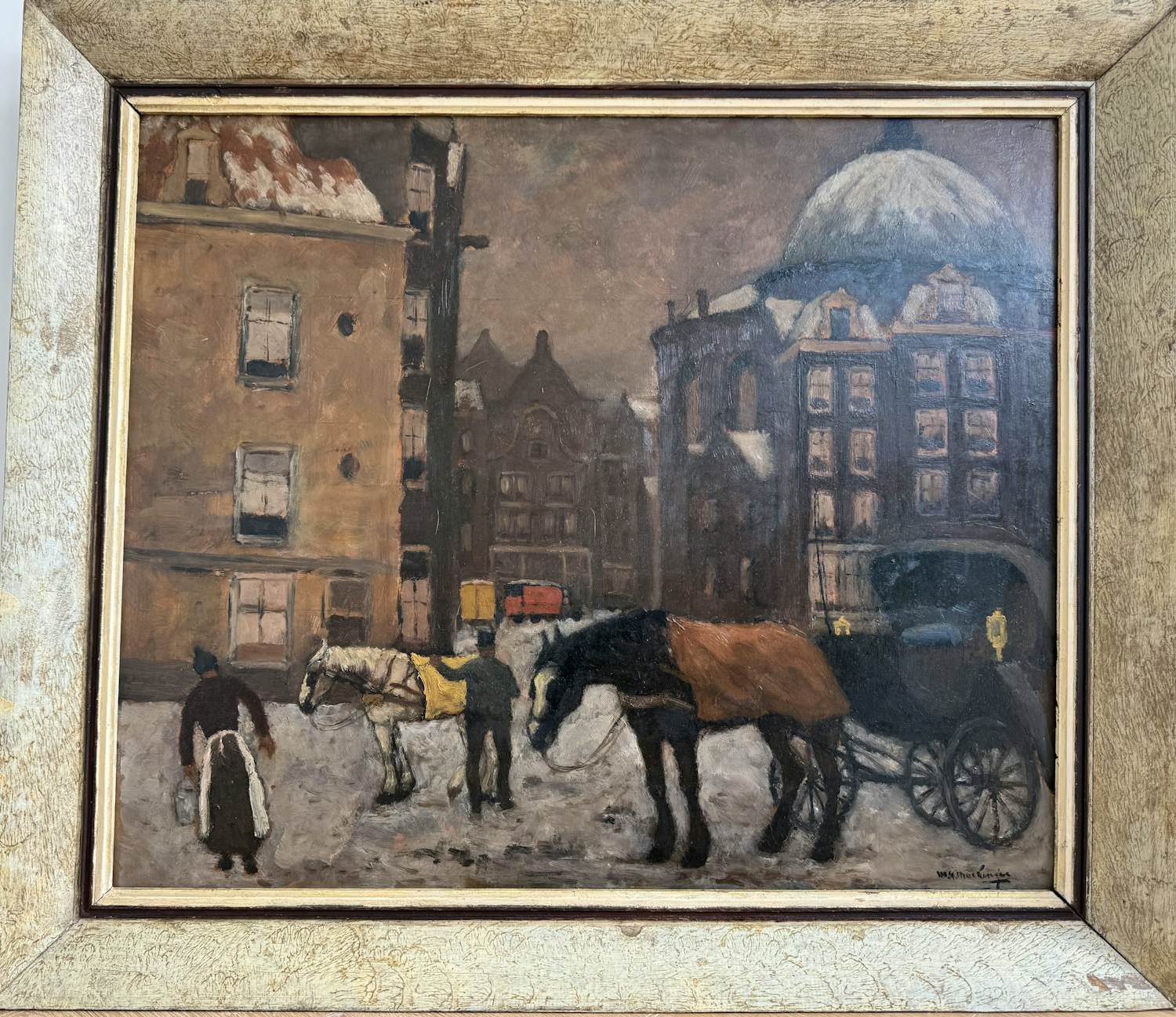 Marie Henry Mackenzie - Rijtuigen op de Stroomarkt in winters Amsterdam verkocht voor € 1500!