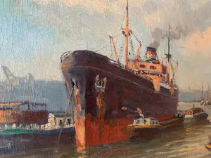 Jan Schipper - Rotterdams havengezicht met stoomschepen - Mooi Oud Olieverfschilderij kopen? Bied vanaf 110!