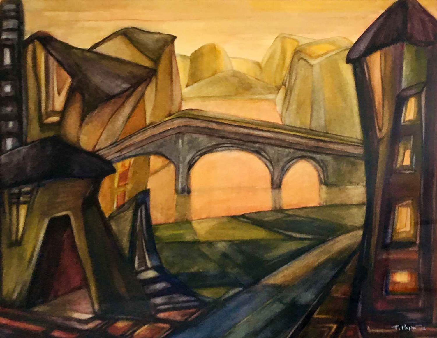 Ton Pape - Geabstraheerd stadgezicht met brug kopen? Bied vanaf 60!