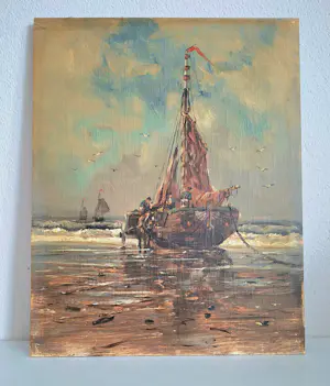 Onbekend - Bomschuit op het strand, toegeschreven aan K. van Waning (1861-1929) kopen? Bied vanaf 75!