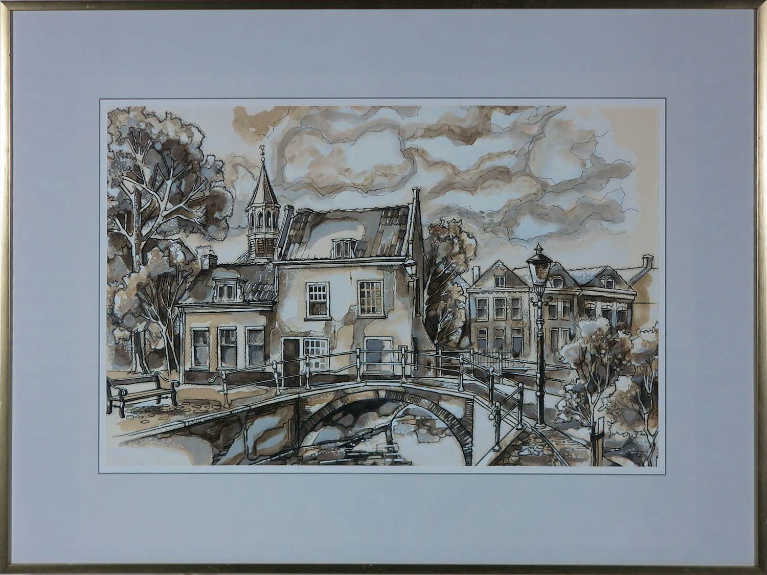 Onbekend - Inkttekening, Stadsgezicht - Ingelijst kopen? Bied vanaf 20!