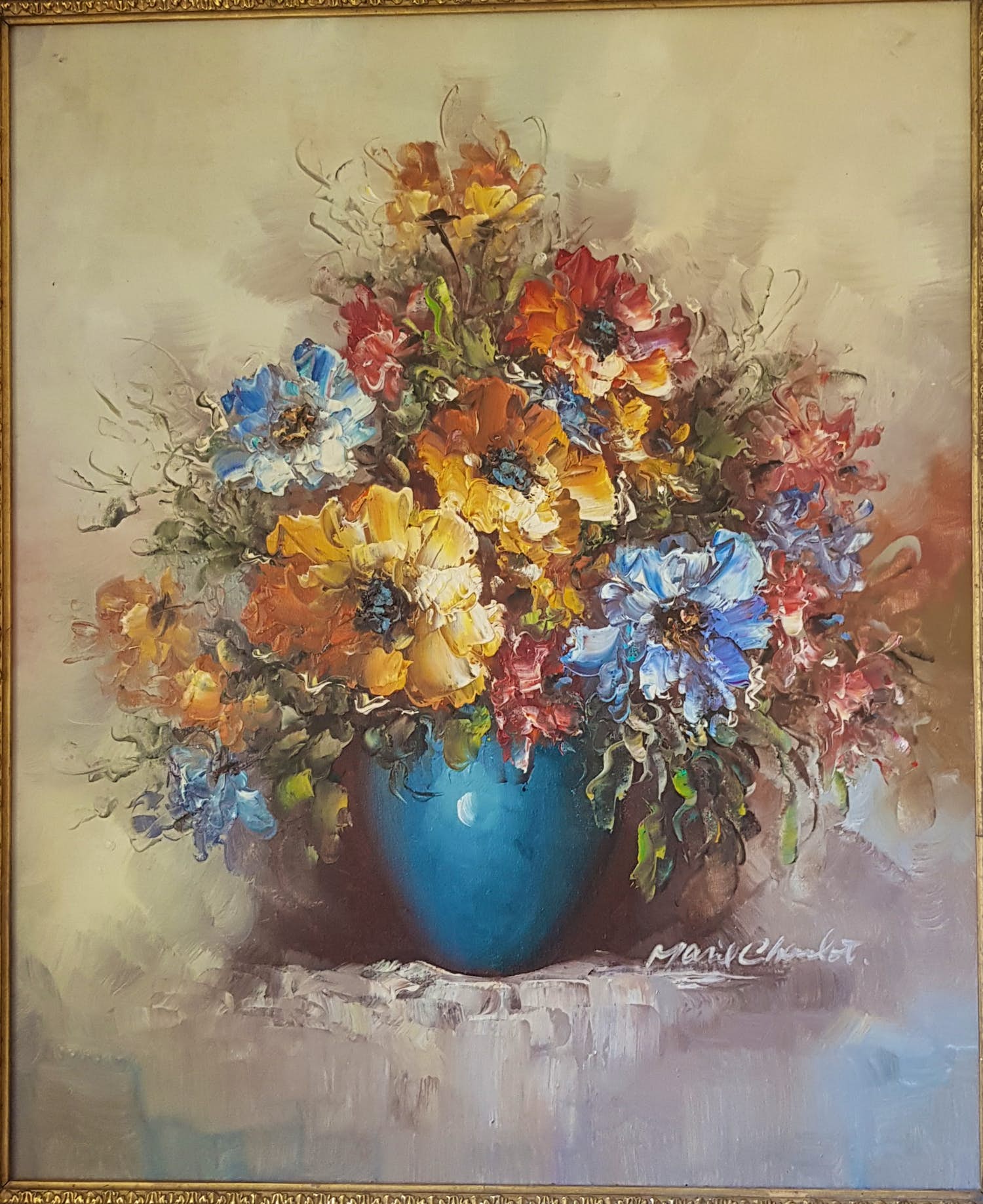 Marie Charlot - Weelderige bloemen in blauwe vaas verkocht voor € 30!