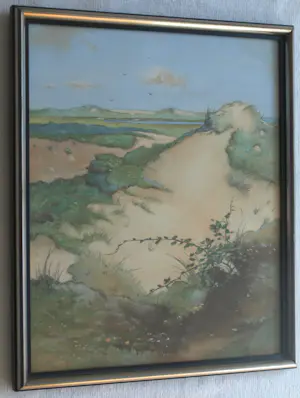 Onbekend - 2x Ingelijste pasteltekening , Duinlandschap + Stilleven - gesigneerd kopen? Bied vanaf 10!