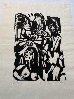 Buy Aad de Haas - Vrouw, man & vogel – postume houtsnede – 75/150? Bid from 30!