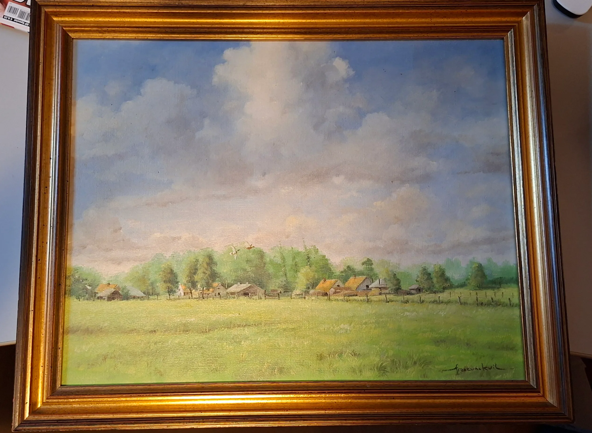 Onbekend - Klassiek Olieverfschilderij: Hollands Landschap in Rijke Ornamentenlijst kopen? Bied vanaf 50!