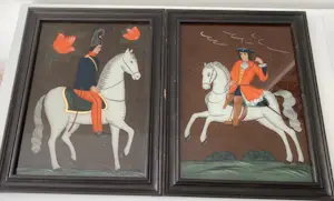 AcheterOnbekend - Reverse painting 2 fraaie schilderijen (19e eeuw") ruiters te paard? Enchérissez de 69!