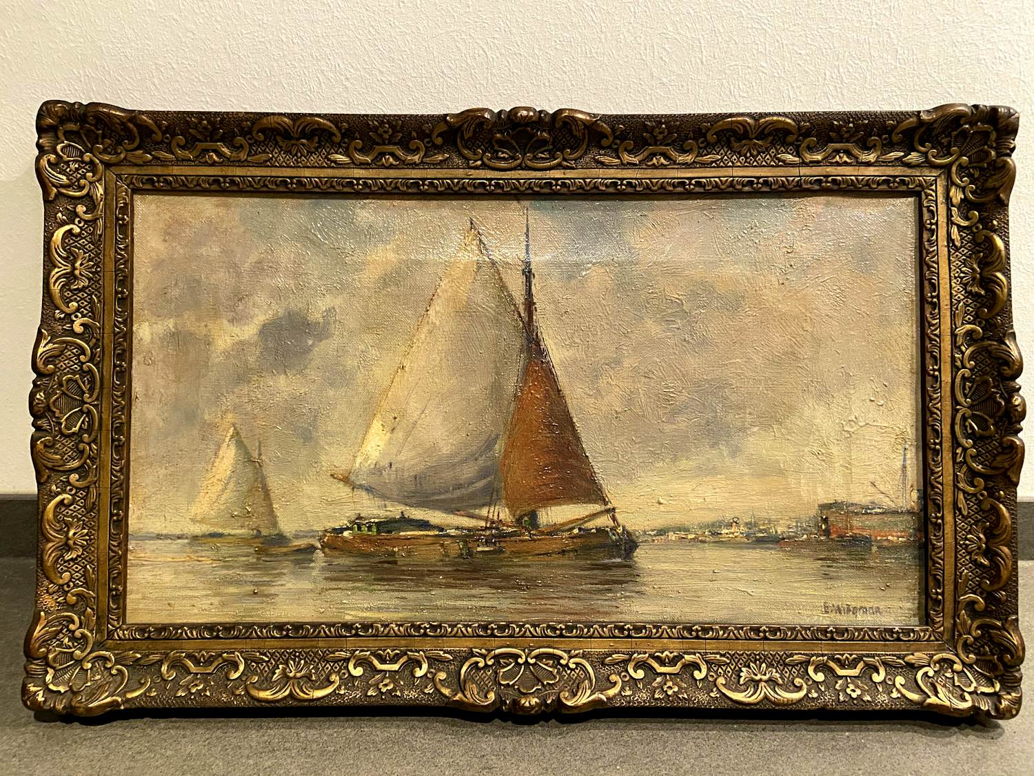 Gerard Wiegman - zeilende platbodems met haven achtergrond kopen? Bied vanaf 150!