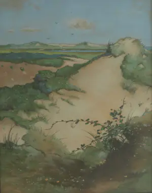 Onbekend - 2x Ingelijste pasteltekening , Duinlandschap + Stilleven - gesigneerd kopen? Bied vanaf 10!