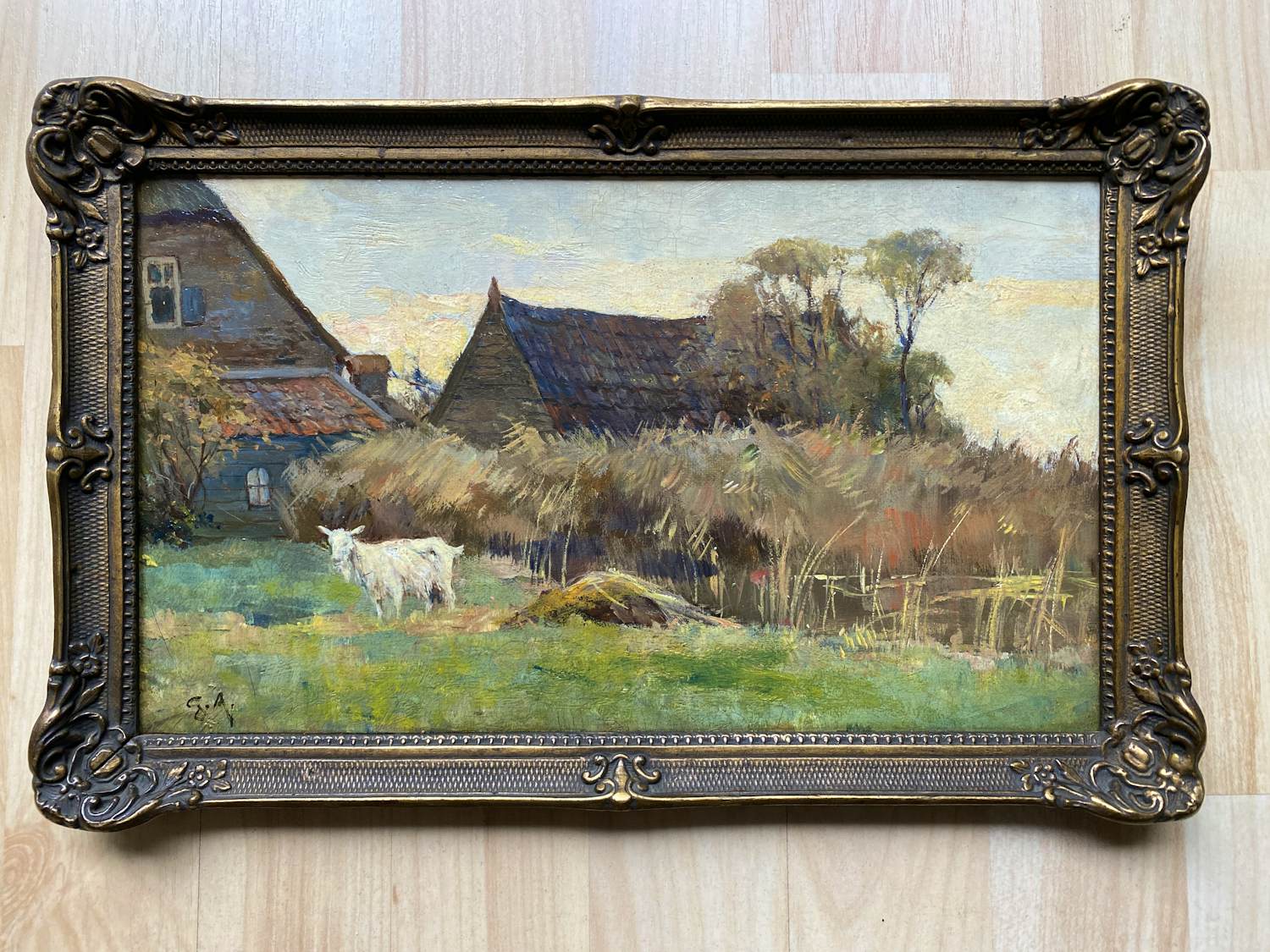 Gerard Altmann - Landschapje met boerderij en geit, met wuivend riet aan waterkant. kopen? Bied vanaf 150!